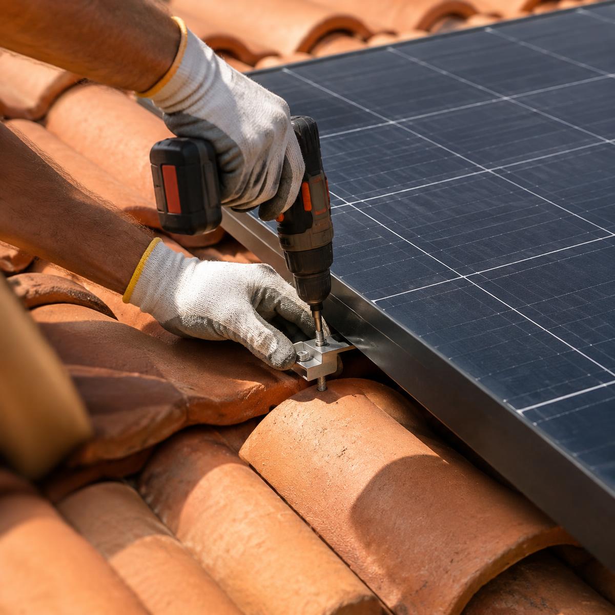 Instalador fijando un panel solar sobre teja de barro